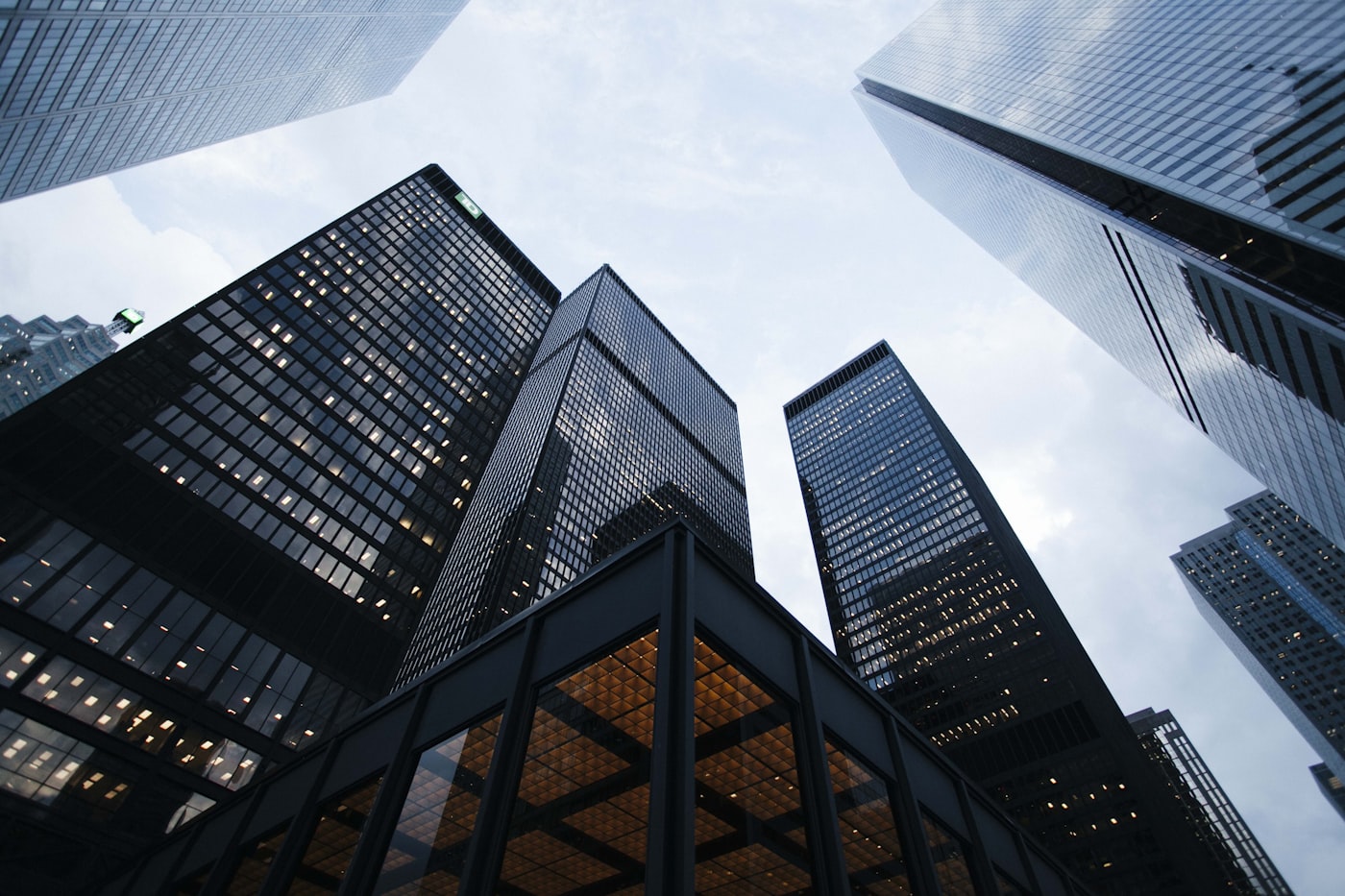 Looking up at a modern corporate building facade